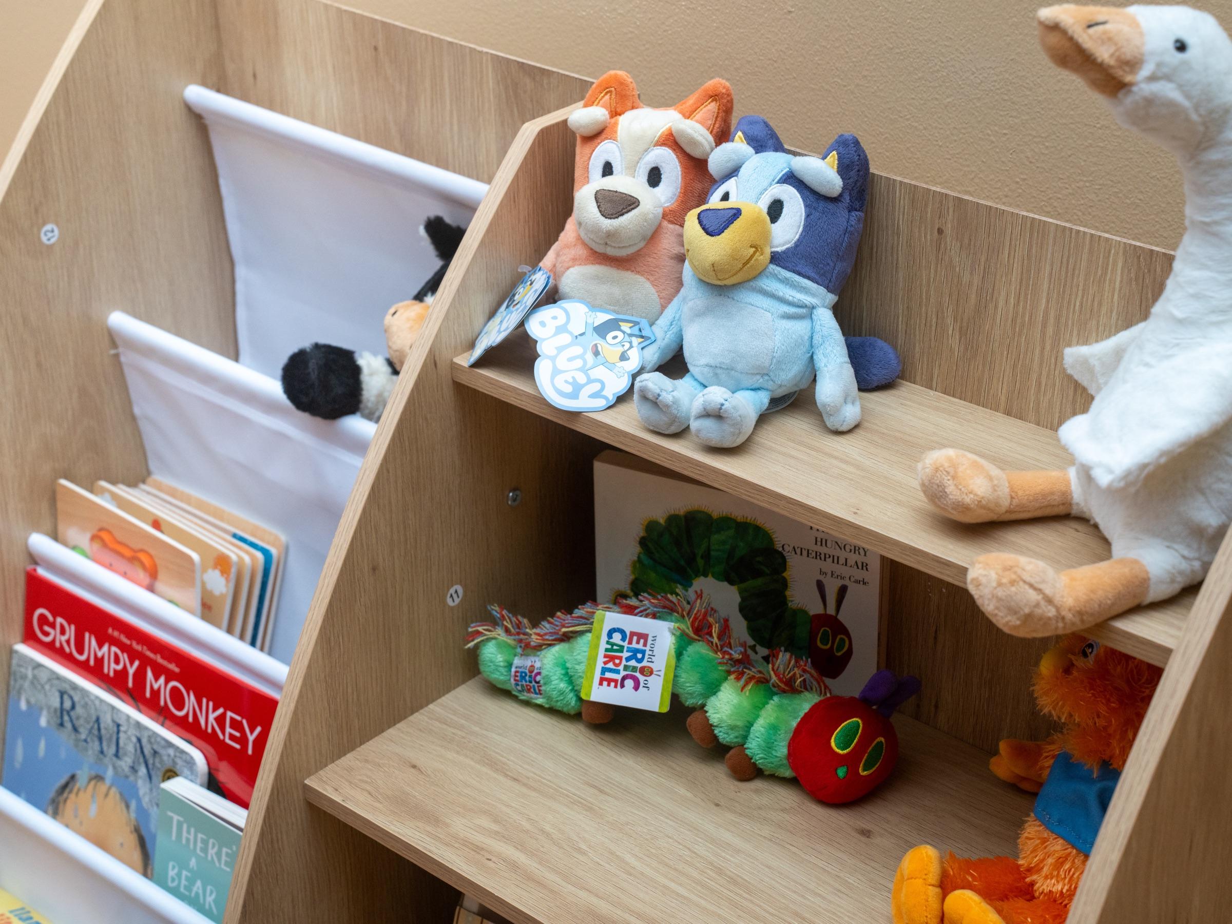 Close view of books and toys on a child-height shelf.